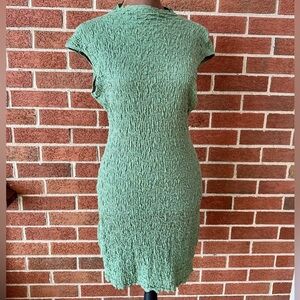 Green Knit Textured Short Sheath Dress, Stretch Mock Neck Cap Sleeve, XS